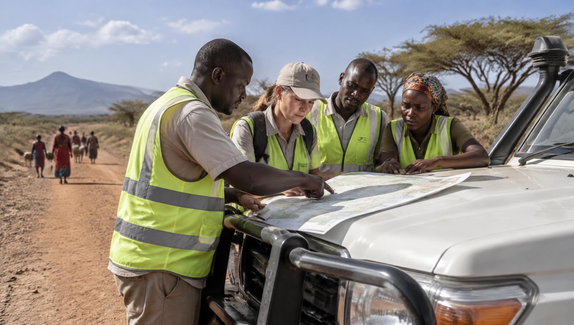 Aid workers and local staff reviewing a route map on a rural road in East Africa